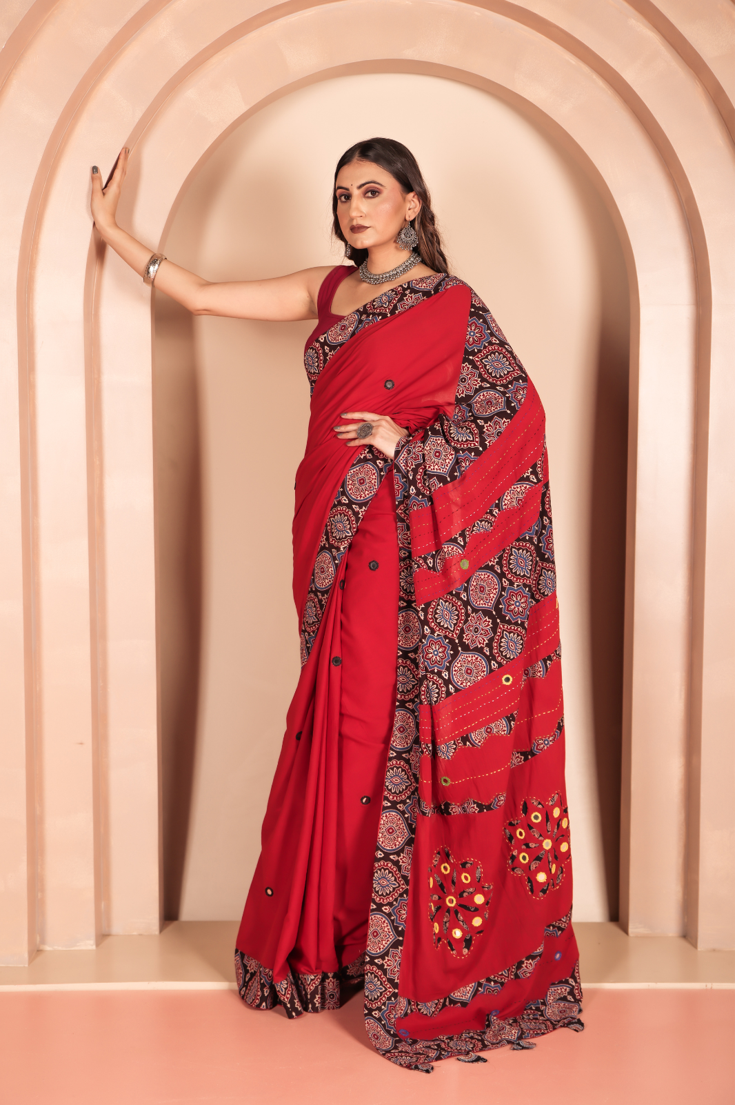 Cotton Applique work saree red