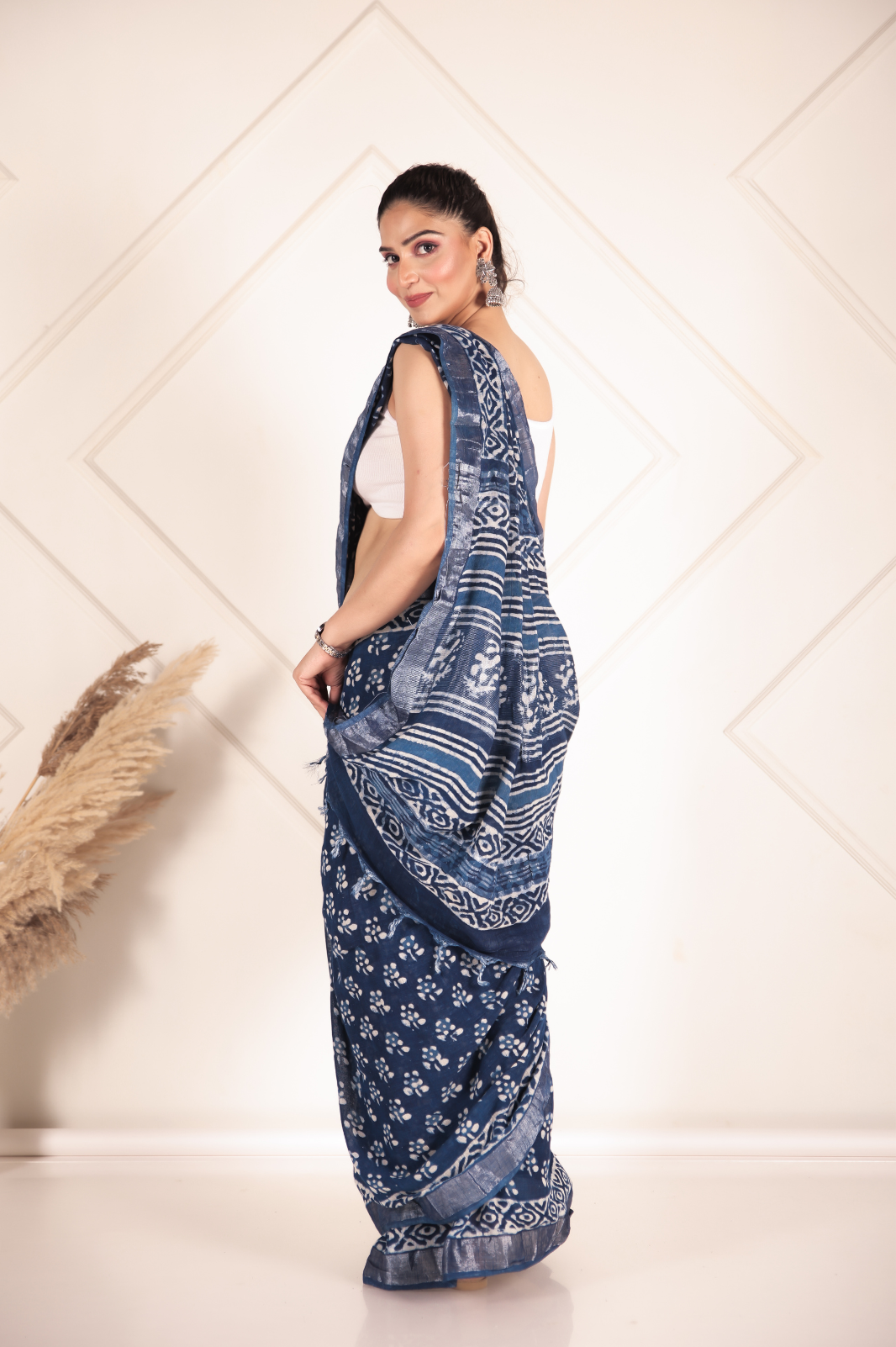 Indigo Flame Linen Cotton Saree