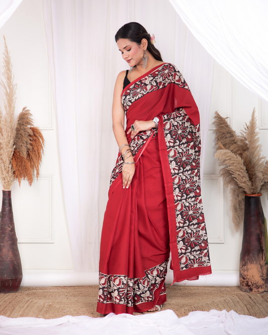 Mudran Hot Red Blockprinted Mulmul Saree
