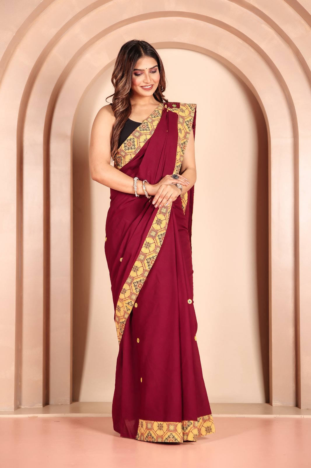 Cotton Applique work saree in Maroon Golden