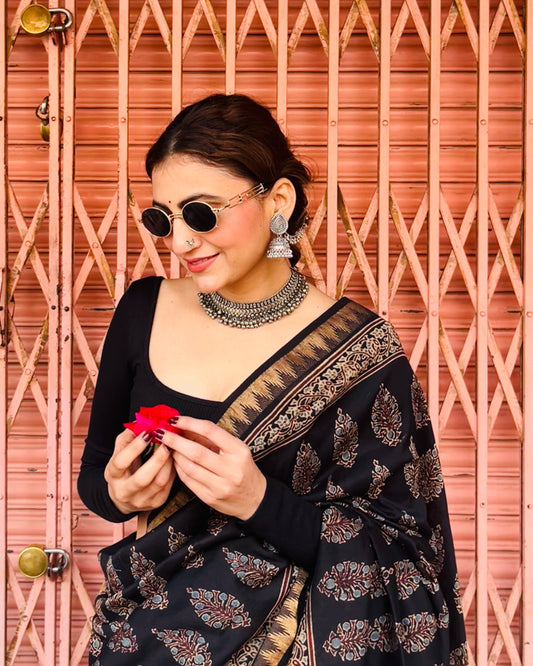 Varnika Ajrakh Noir Saree