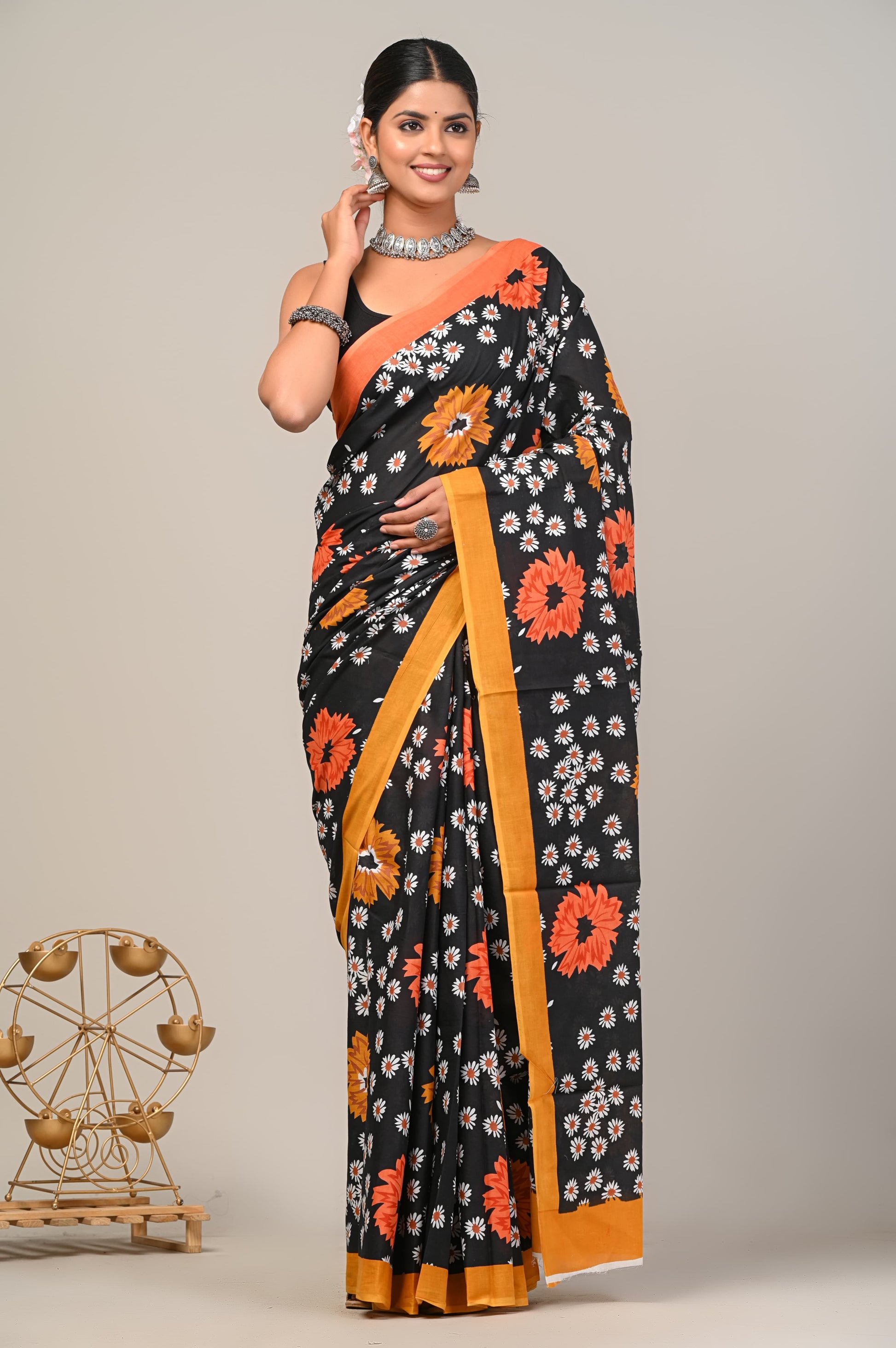 Black Bagru Handblock Print MulMul Saree