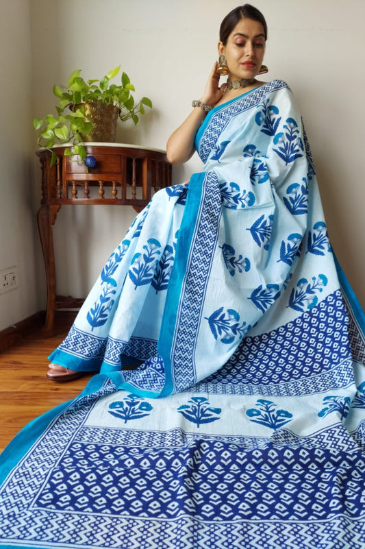 Bright White Blockprinted Mulmul Cotton Saree