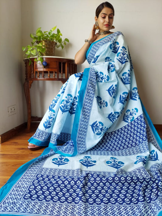 Bright White Blockprinted Mulmul Cotton Saree