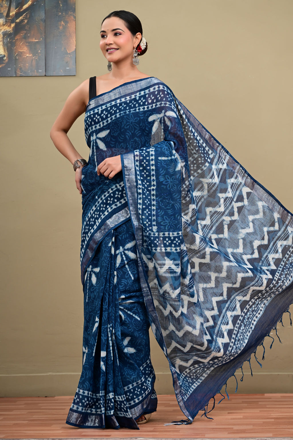 Indigo Dabu Handblock Printed Saree