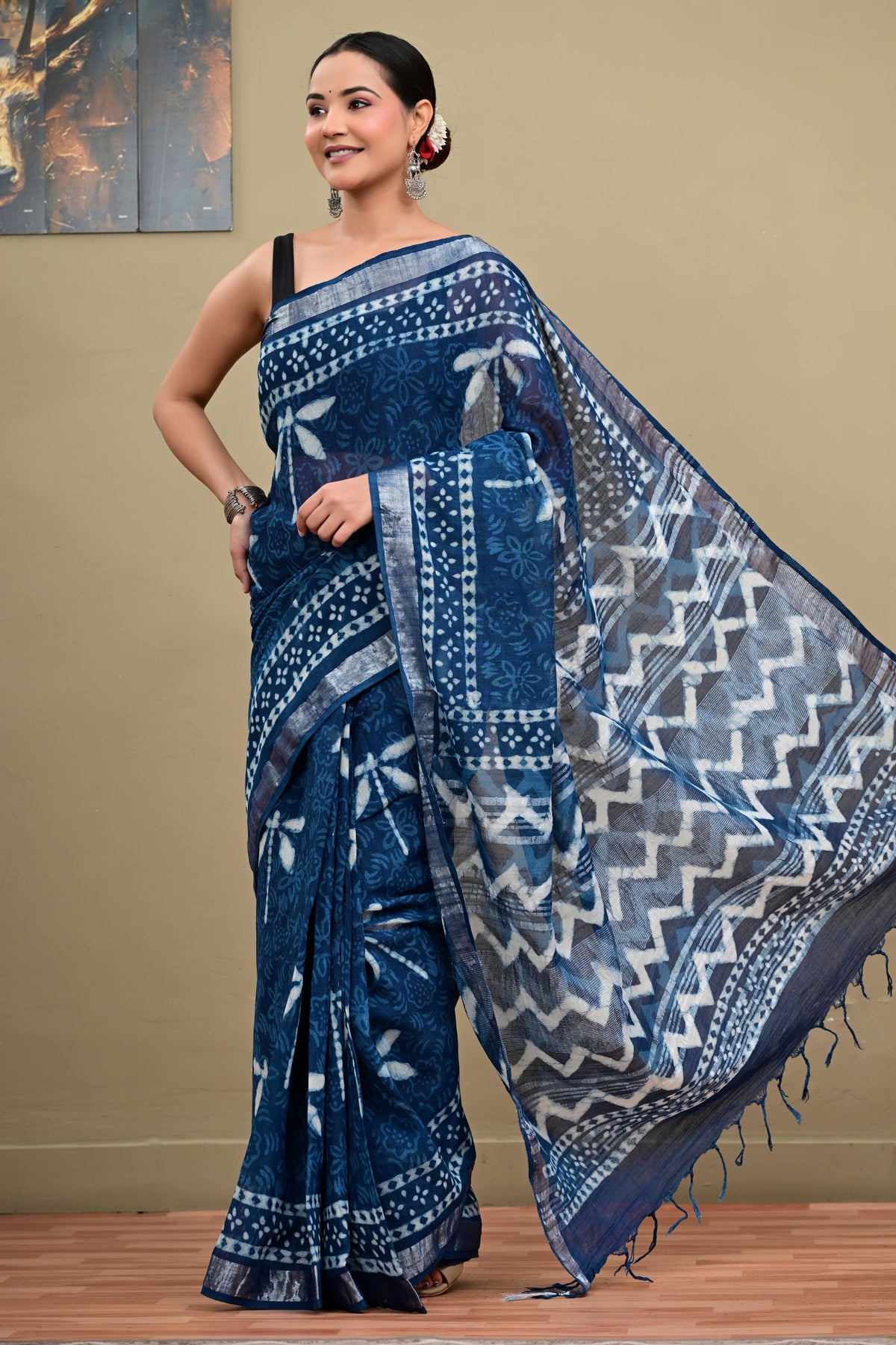 Indigo Dabu Handblock Printed Saree