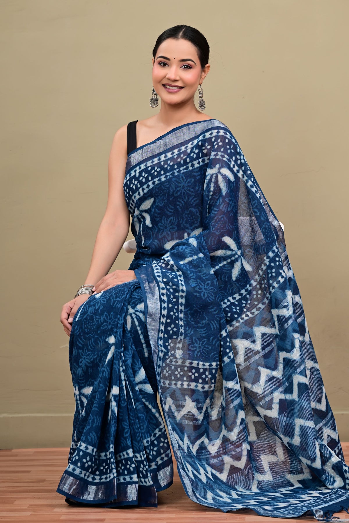 Indigo Dabu Handblock Printed Saree
