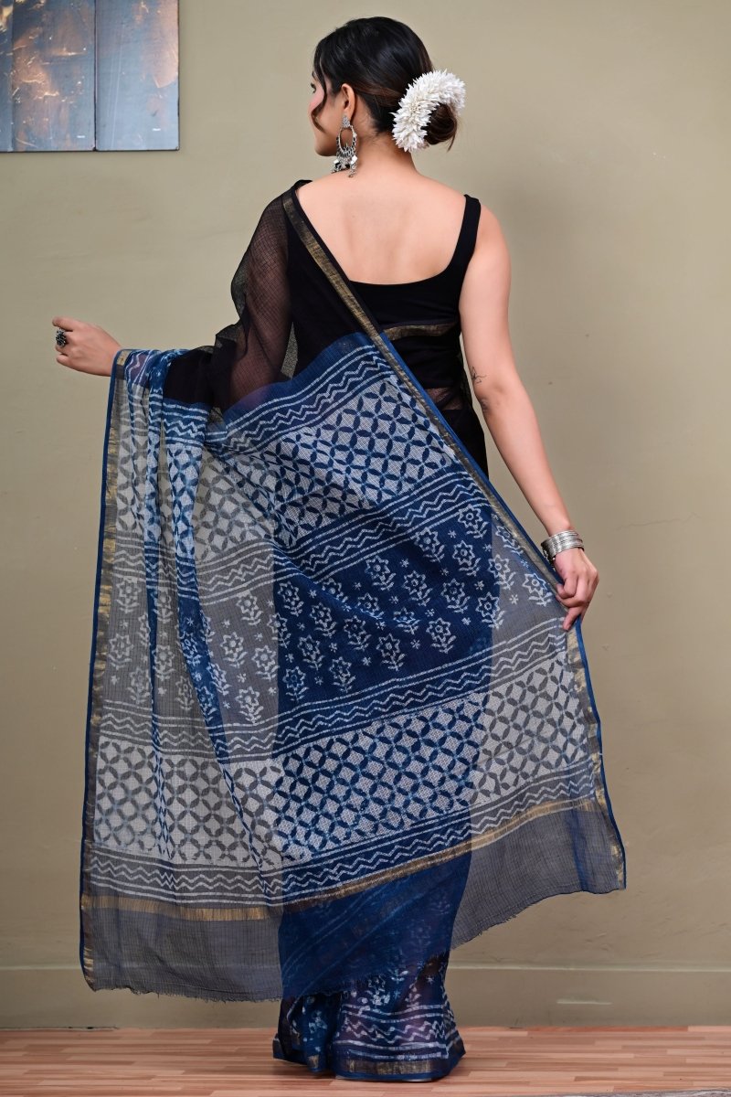 Neelanjali Black handblock printed Kota cotton saree border detail by Mudran Fashion
