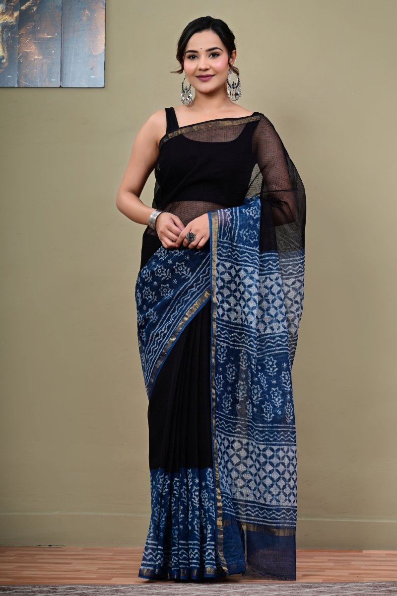 Neelanjali Black handblock printed Kota cotton saree by Mudran Fashion front view