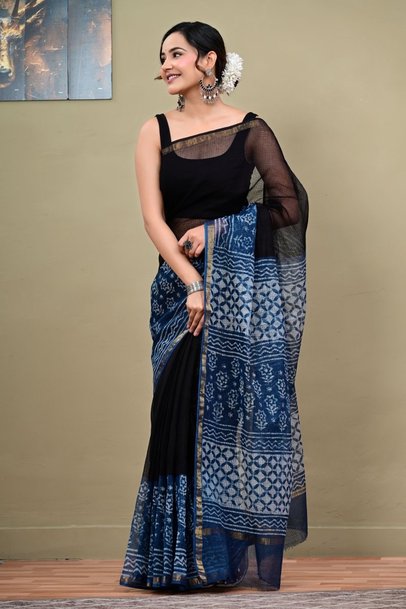 Neelanjali Black Kota cotton handblock printed saree side view by Mudran Fashion
