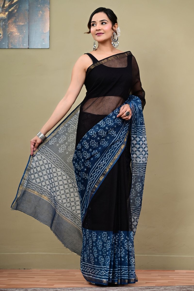 Neelanjali Black Kota cotton handblock printed saree side view by Mudran Fashion