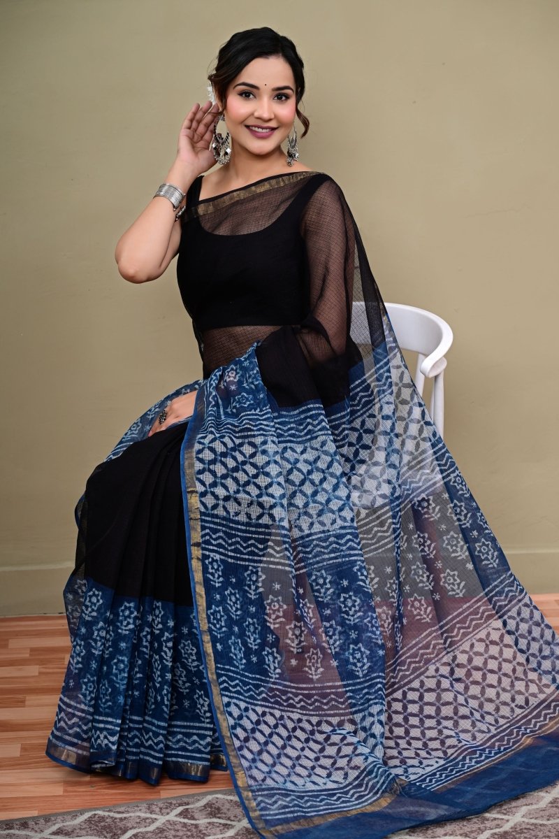 Neelanjali Black handblock printed Kota cotton saree by Mudran Fashion front view