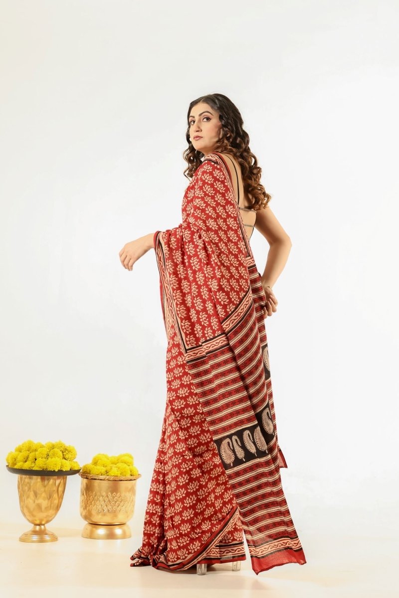 Lotus Symphony handblock printed Mulmul Cotton Saree by Mudran Fashion