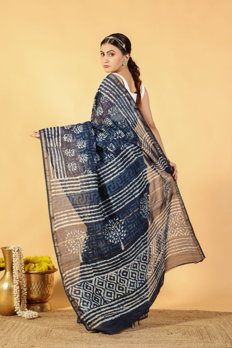 Indigo Lotus Tide Chanderi Saree