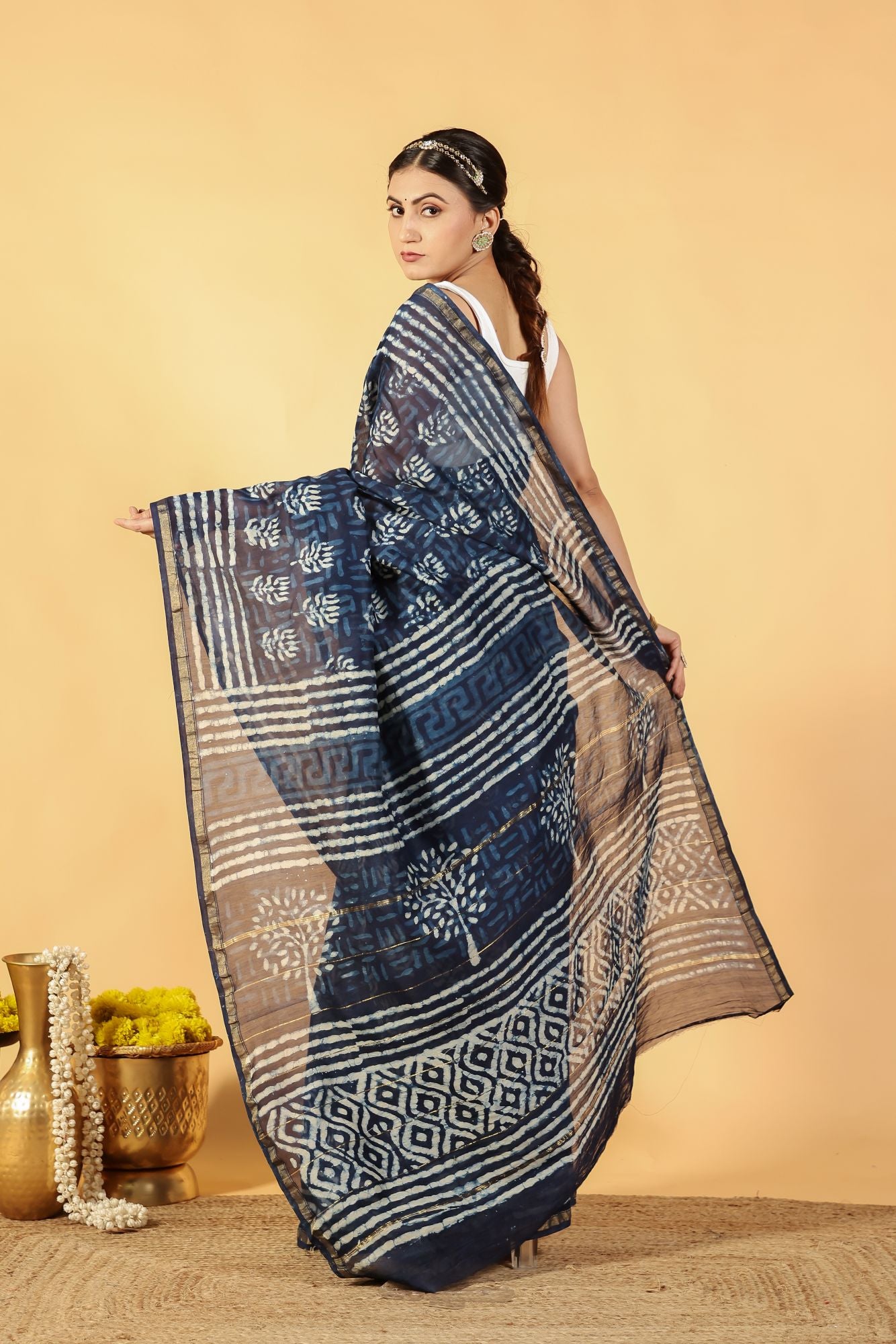 Indigo Lotus Tide Chanderi Saree