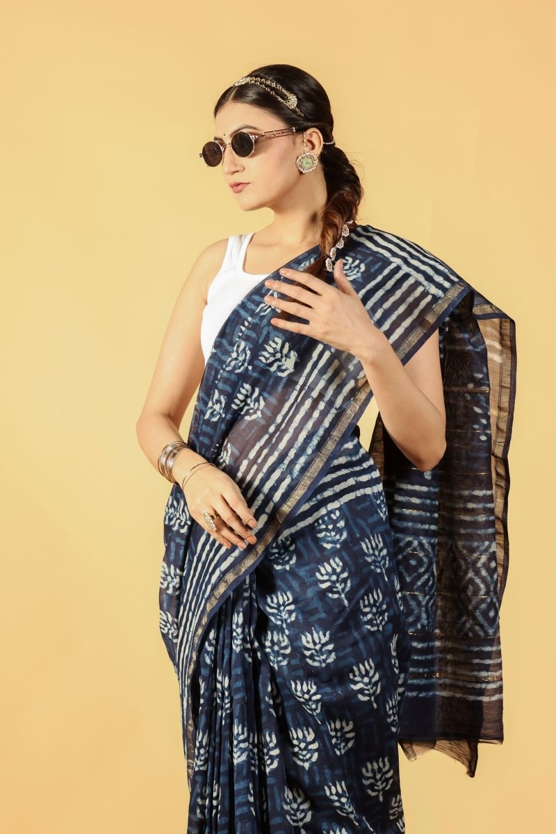 Indigo Lotus Tide Chanderi Saree