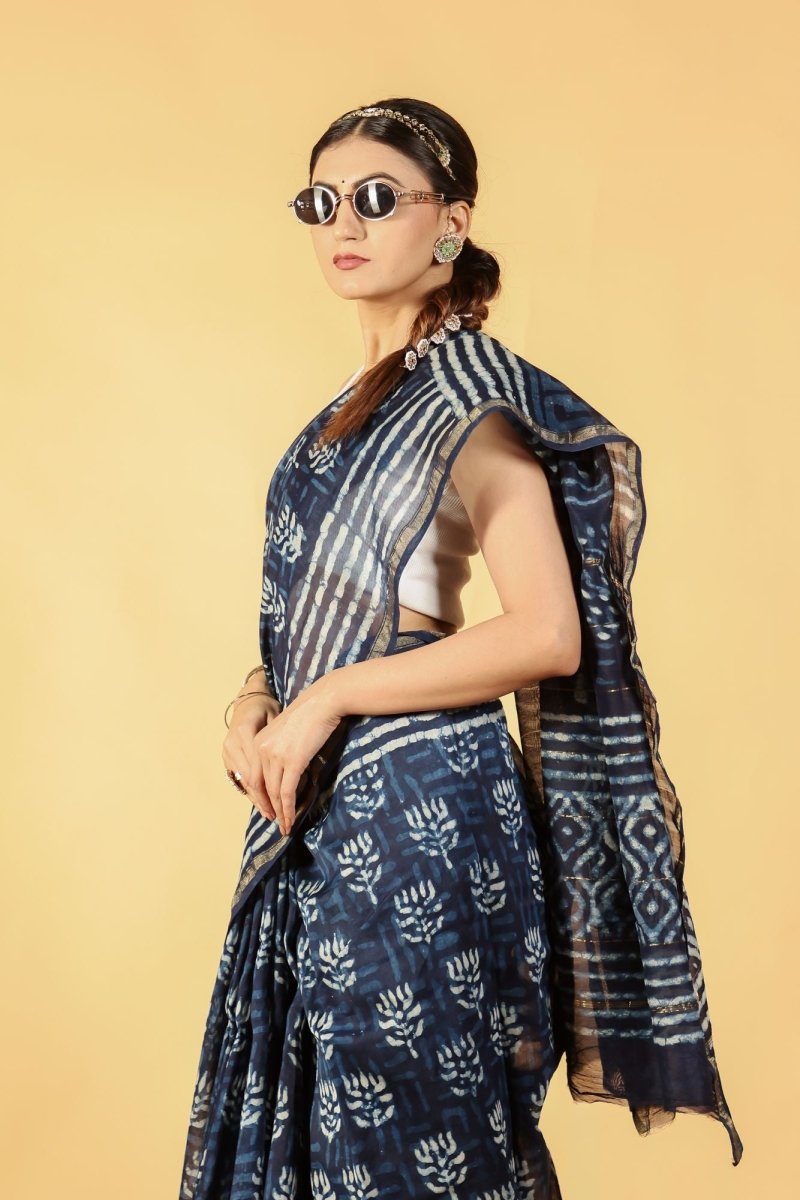 Indigo Lotus Tide Chanderi Saree