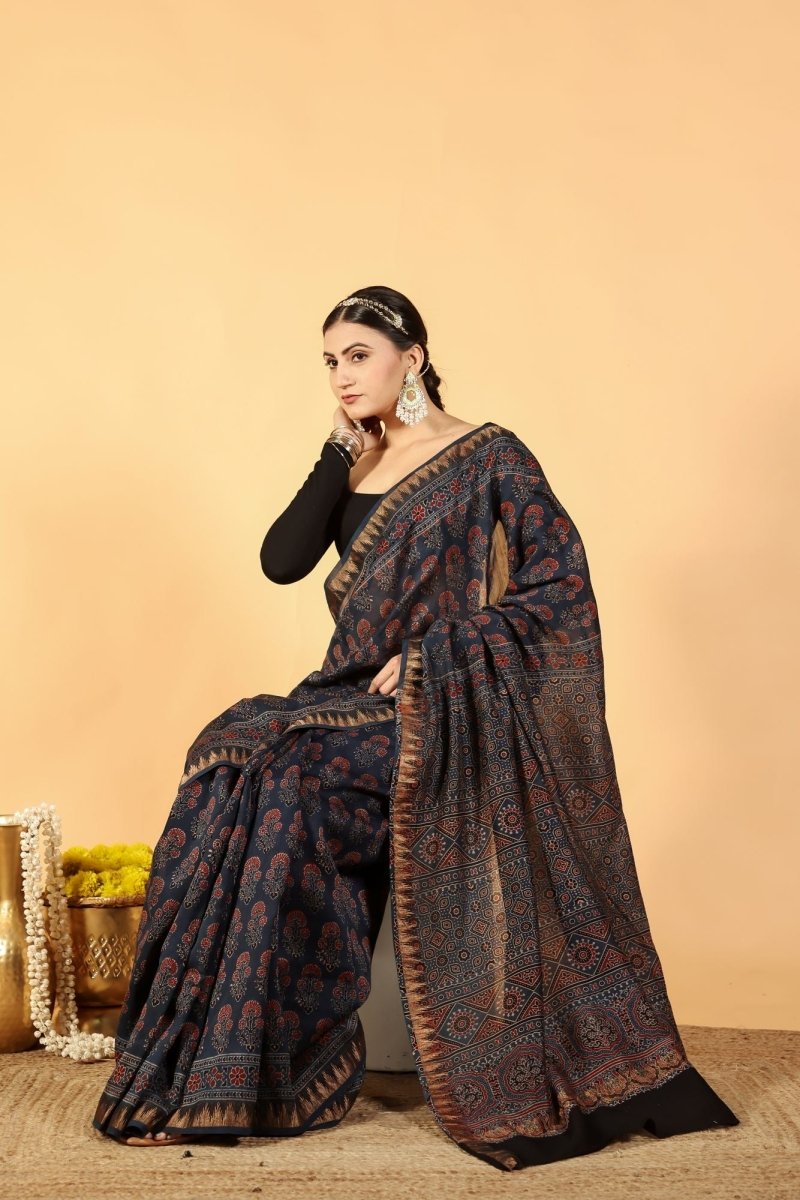 Eco Dyed Indigo Ajrakh Saree