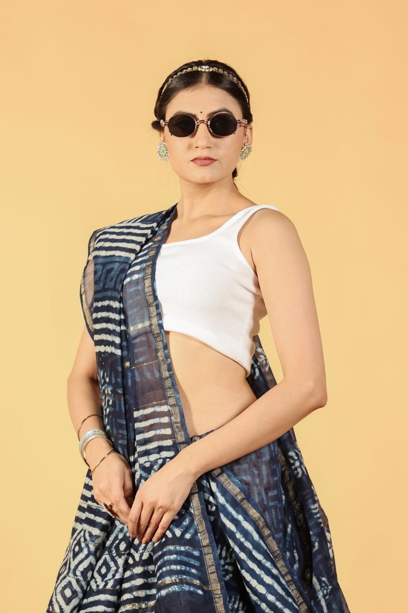 Indigo Lotus Tide Chanderi Saree