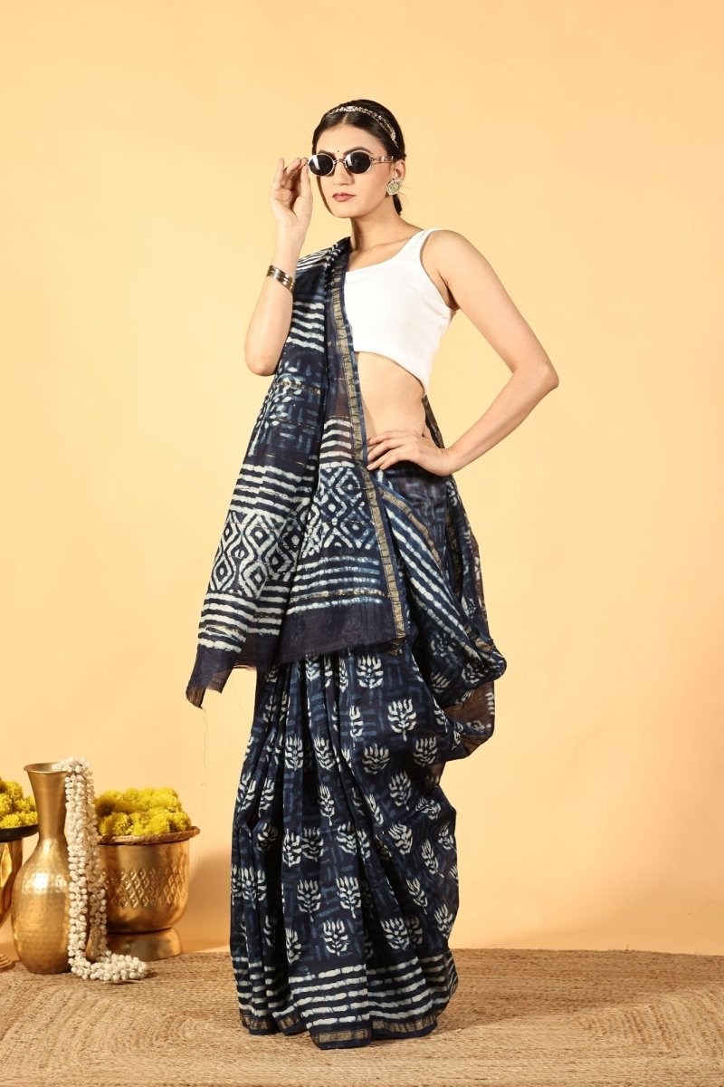 Indigo Lotus Tide Chanderi Saree