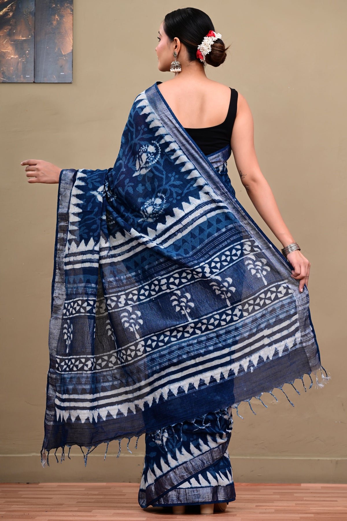 Floral Indigo Dabu Hand Block Saree