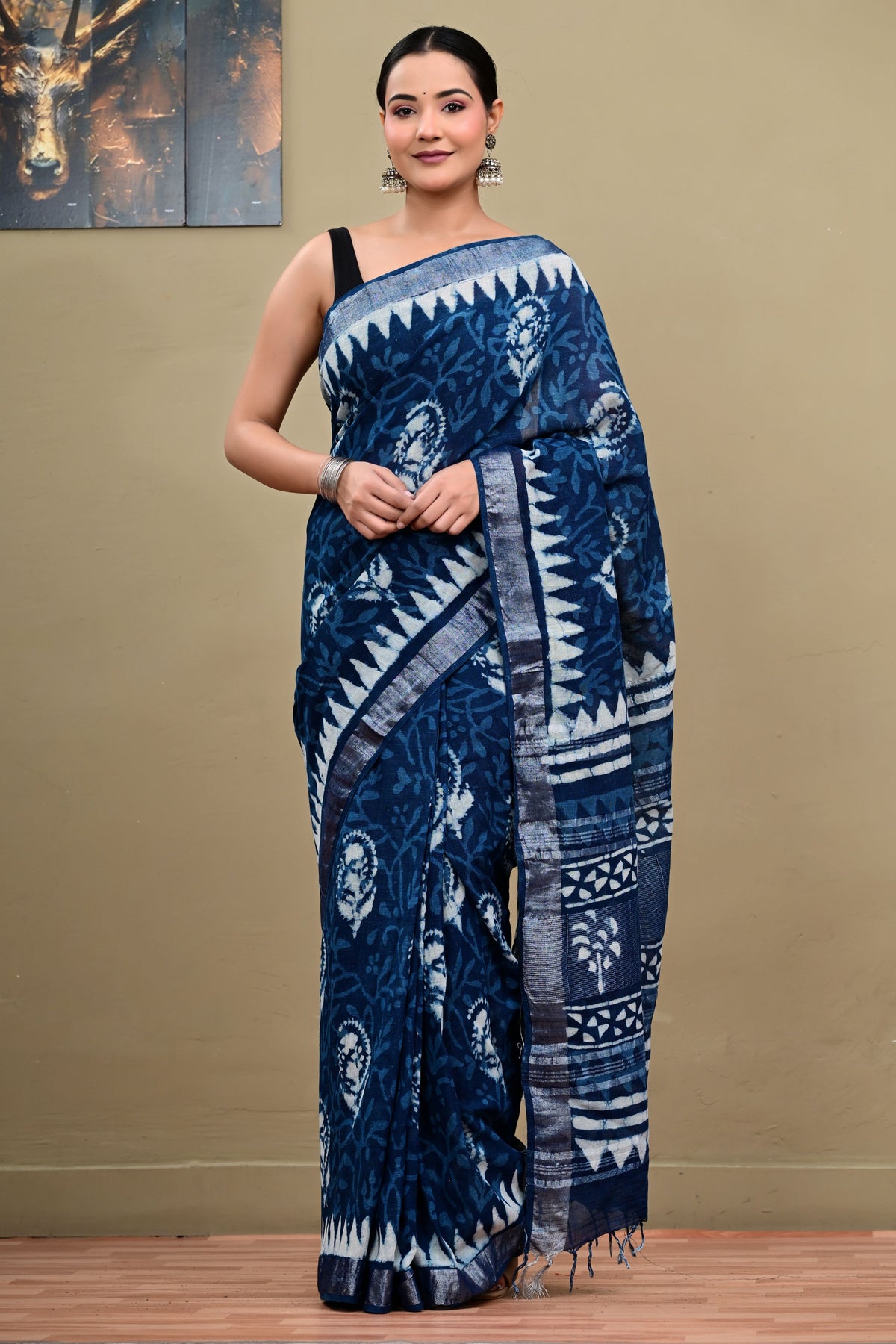 Floral Indigo Dabu Hand Block Saree