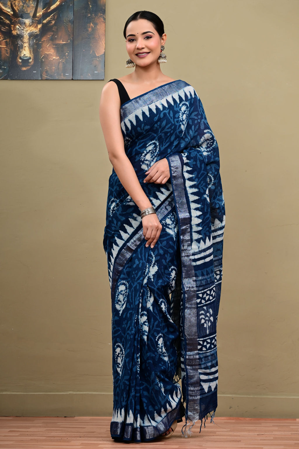 Floral Indigo Dabu Hand Block Saree