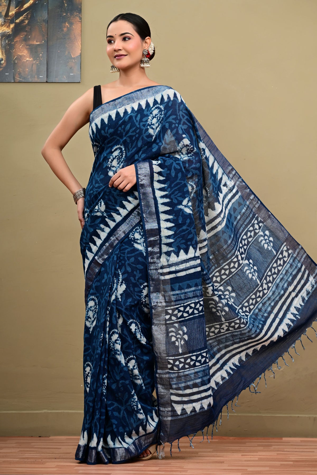 Floral Indigo Dabu Hand Block Saree