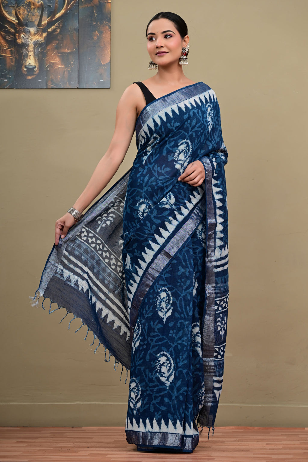 Floral Indigo Dabu Hand Block Saree