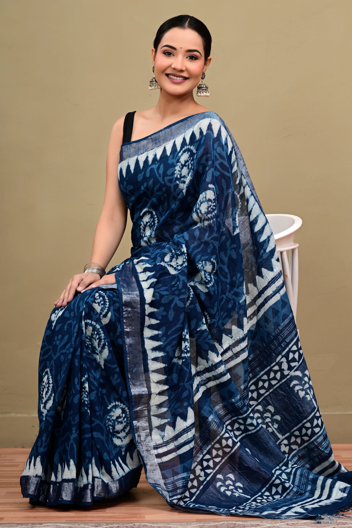 Floral Indigo Dabu Hand Block Saree