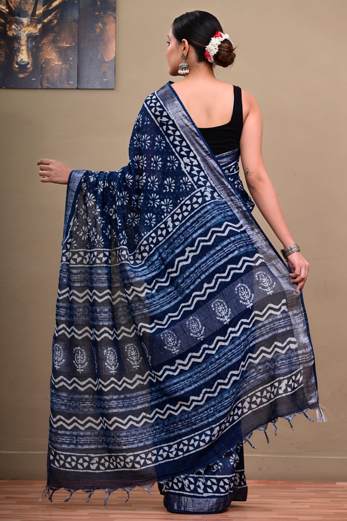 Indigo Flame Linen Cotton Saree