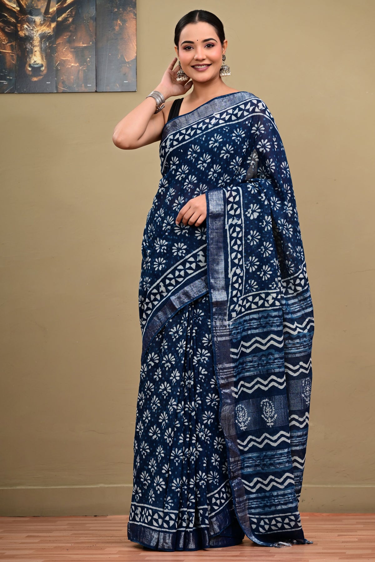 Indigo Flame Linen Cotton Saree