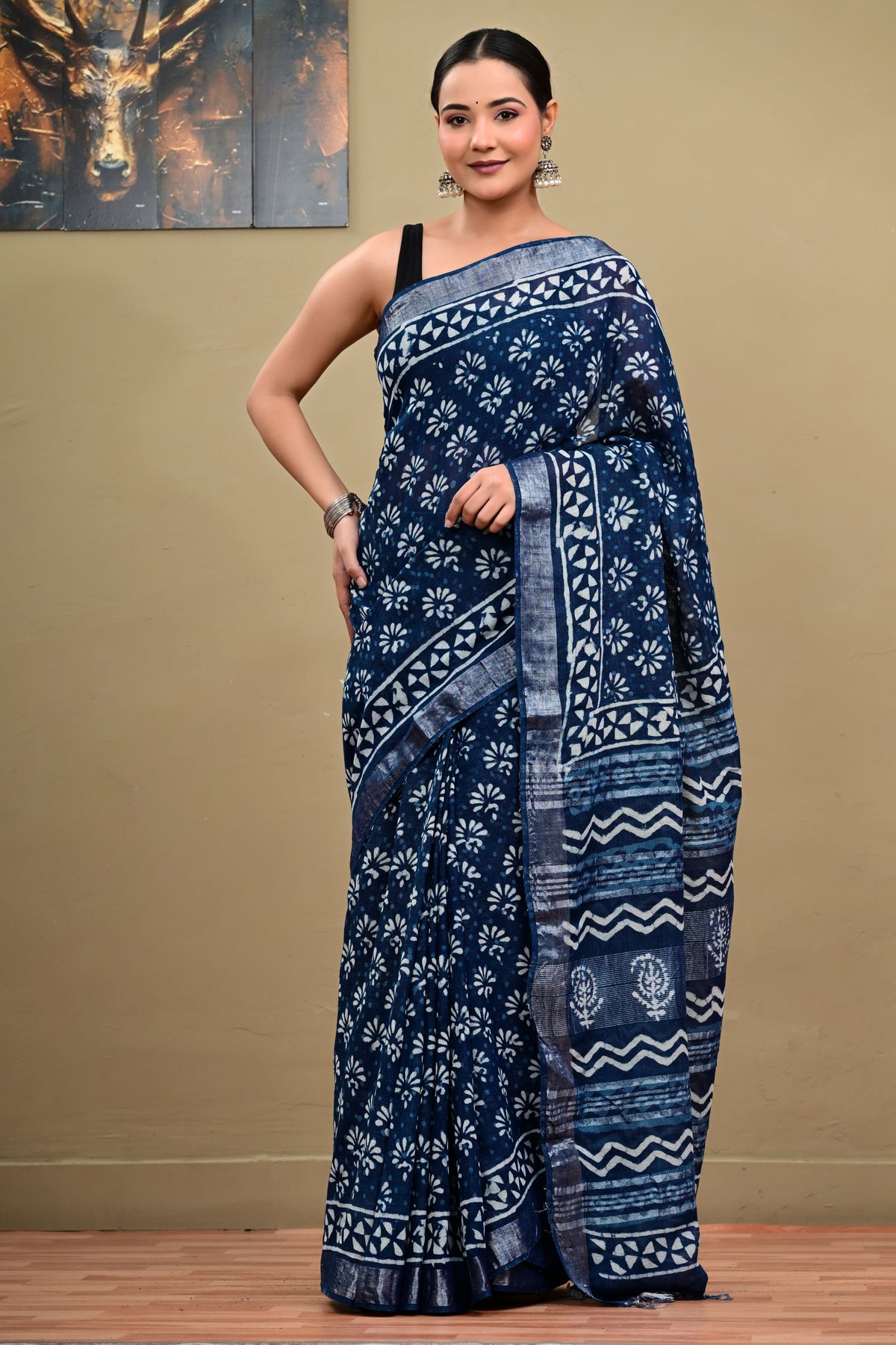 Indigo Flame Linen Cotton Saree