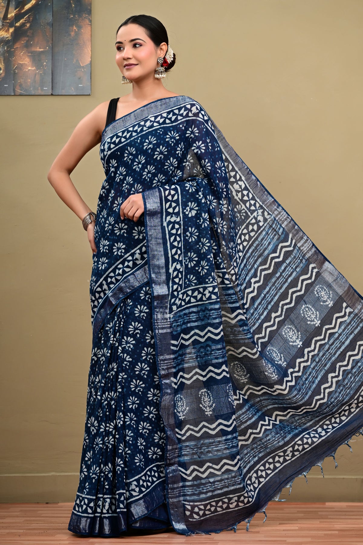 Indigo Flame Linen Cotton Saree
