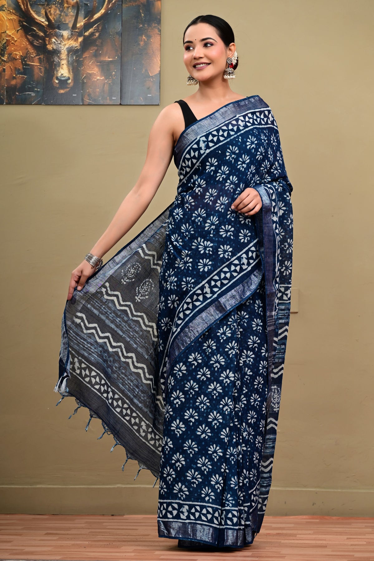 Indigo Flame Linen Cotton Saree
