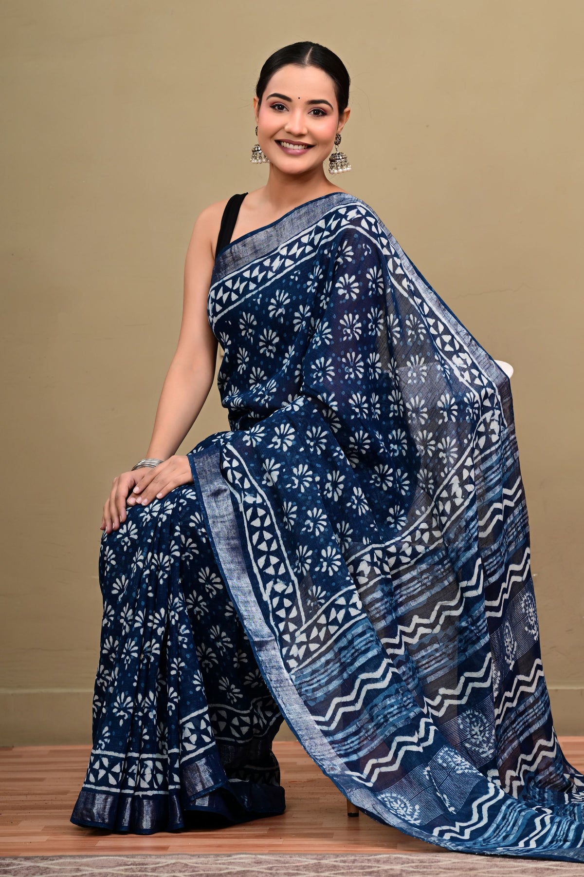 Indigo Flame Linen Cotton Saree
