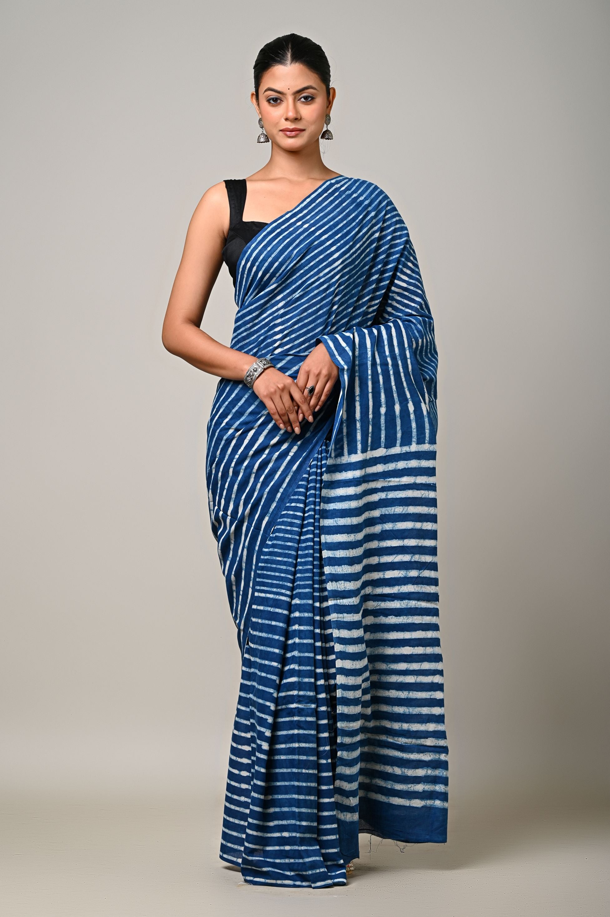 Indigo stripe Mulmul Saree