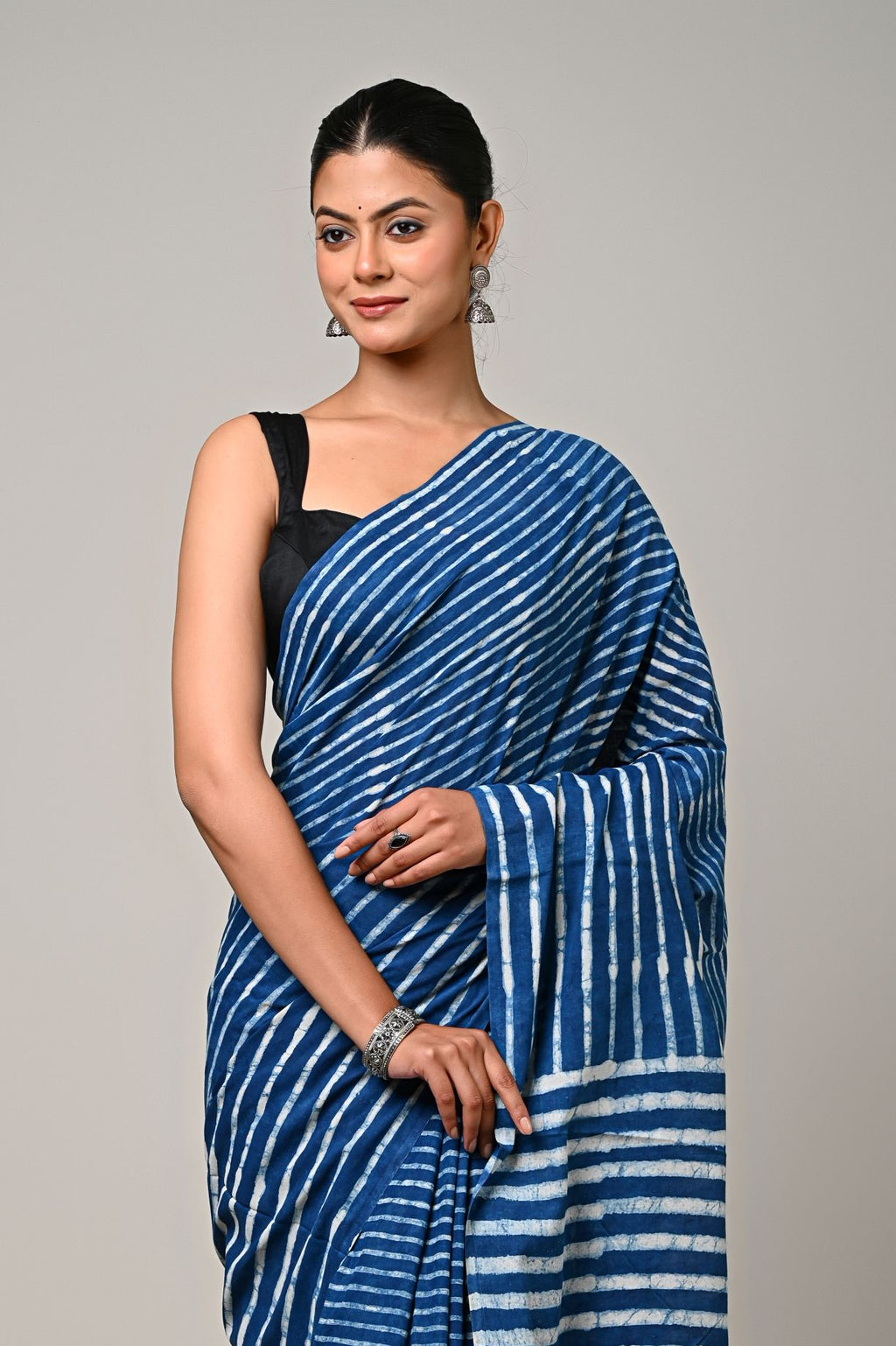 Indigo stripe Mulmul Saree
