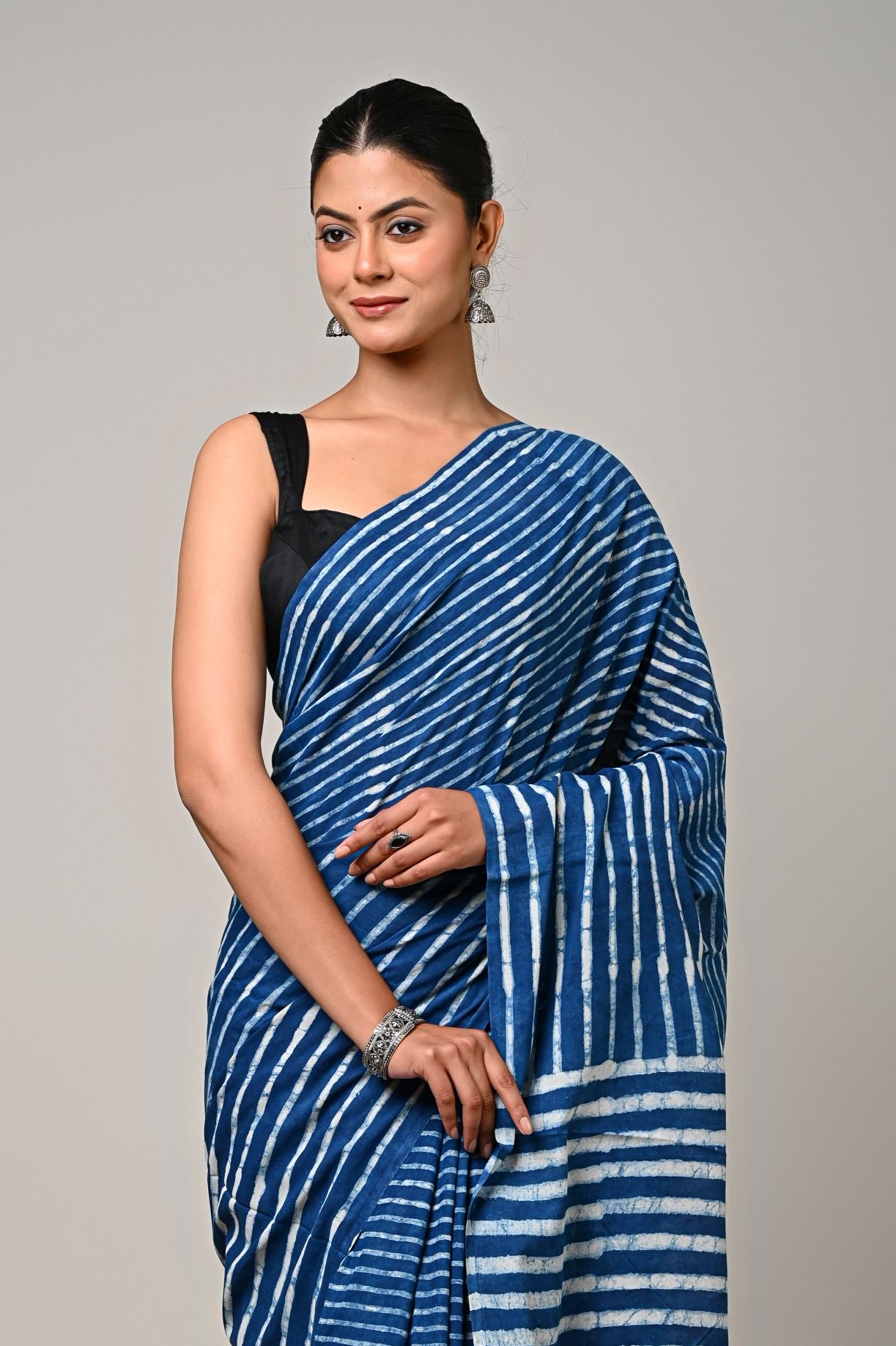 Indigo stripe Mulmul Saree
