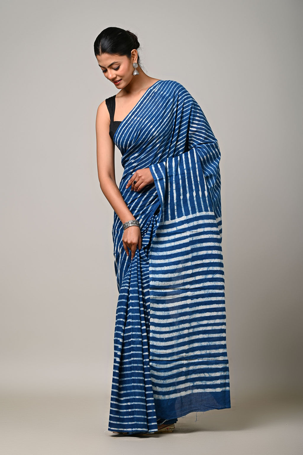 Indigo stripe Mulmul Saree
