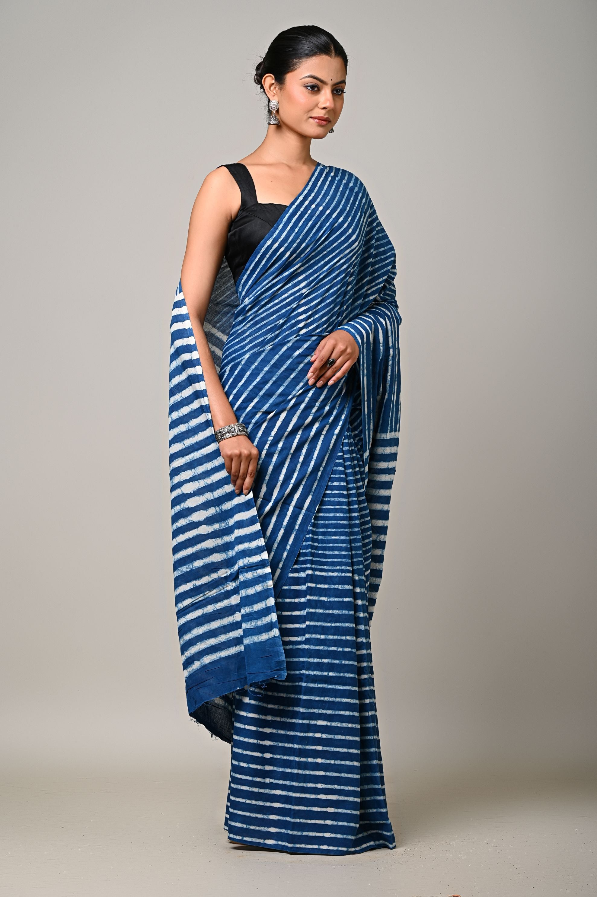 Indigo stripe Mulmul Saree