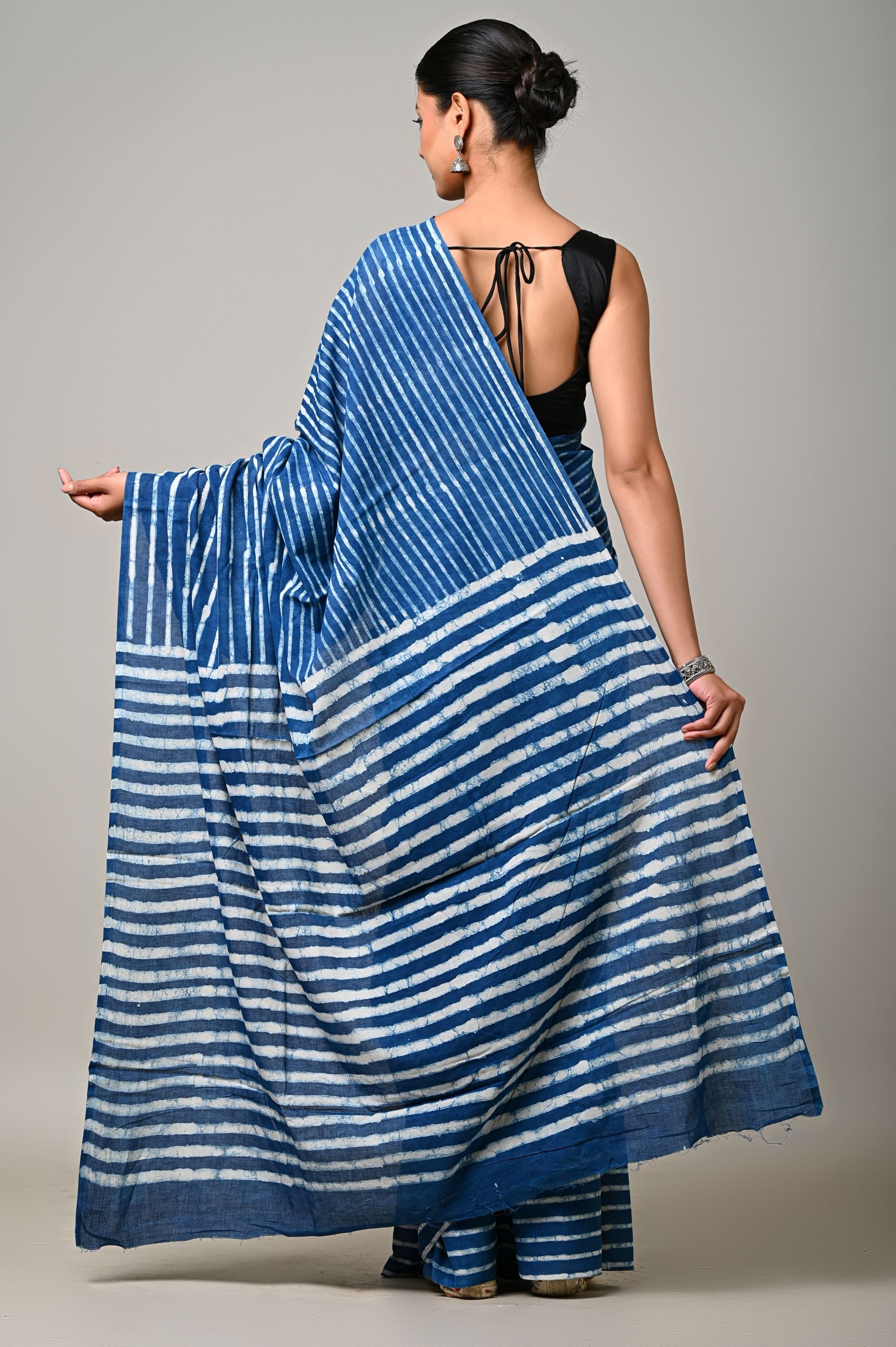 Indigo stripe Mulmul Saree