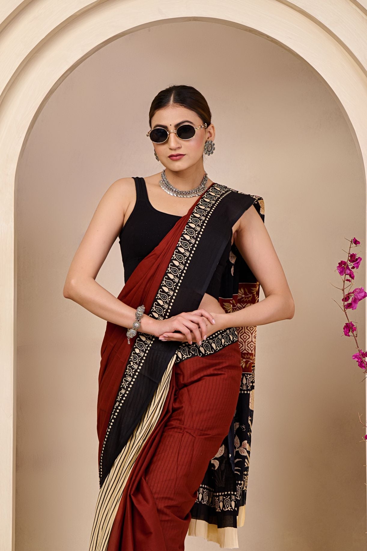 Garnet Grid Mulmul Saree