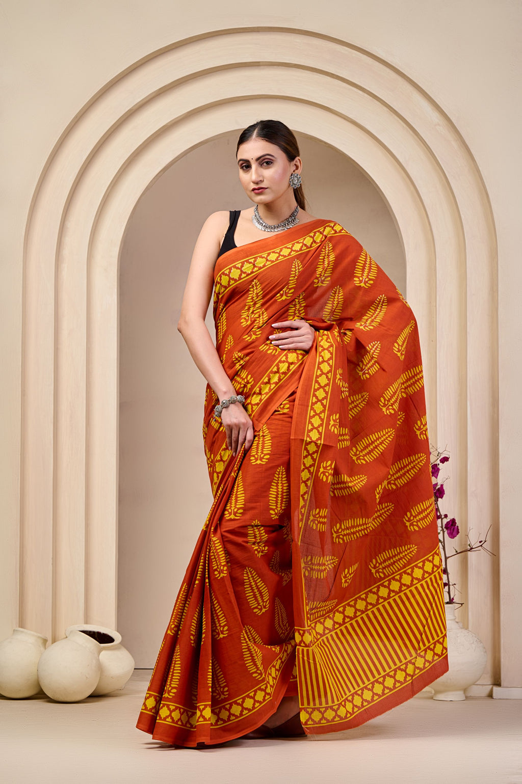 Coral Ember Mulmul Saree