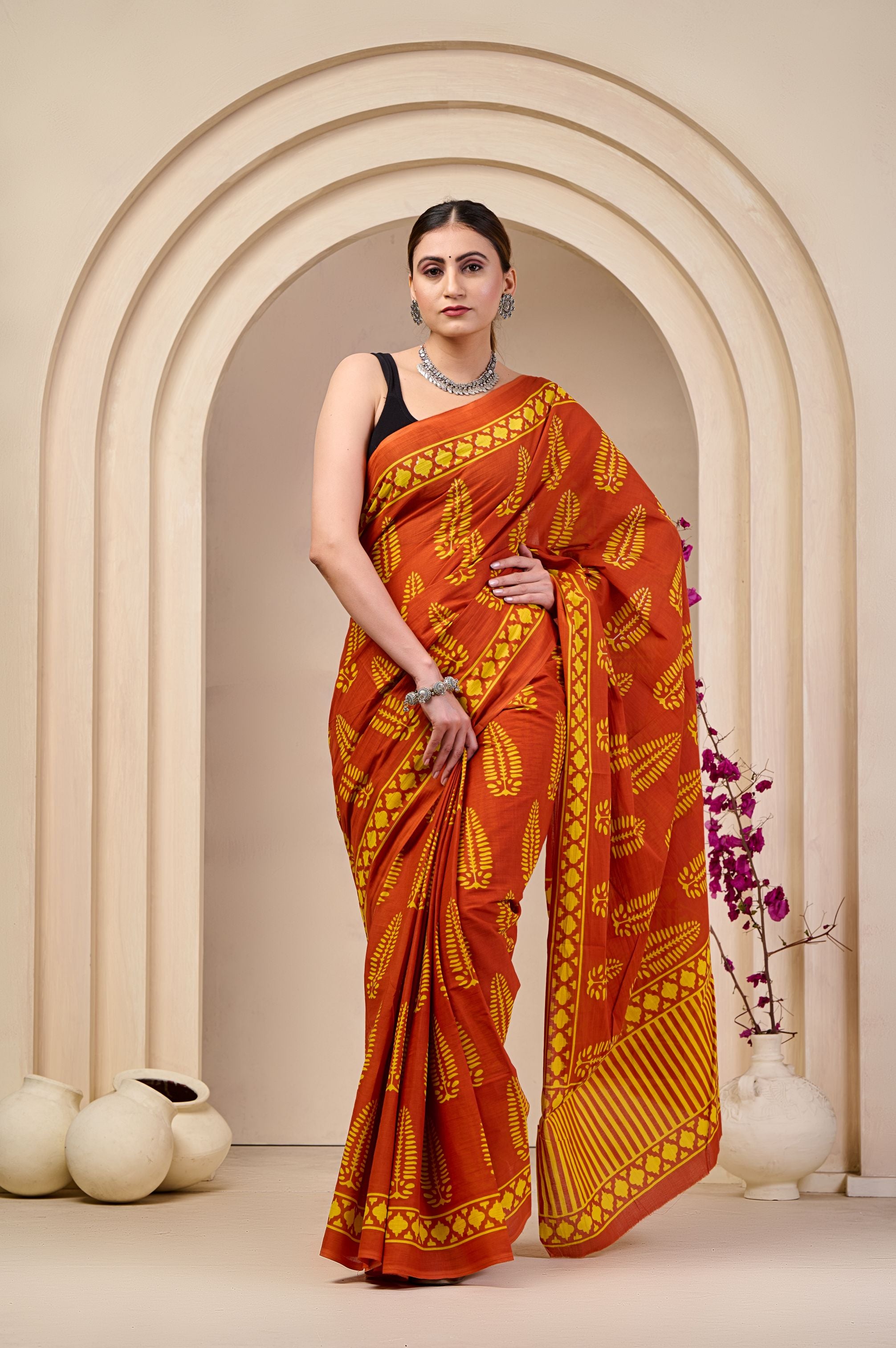 Coral Ember Mulmul Saree