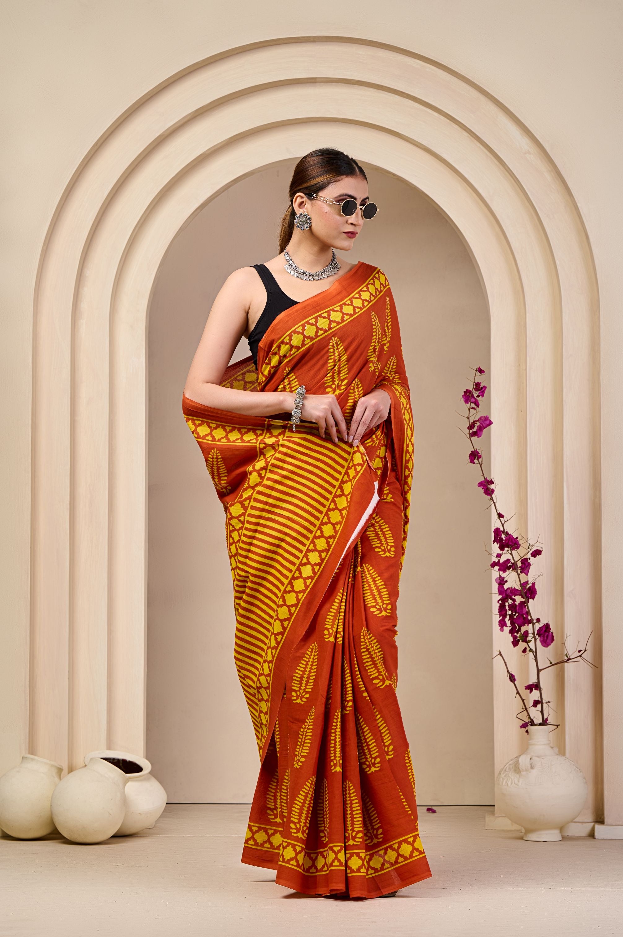 Coral Ember Mulmul Saree