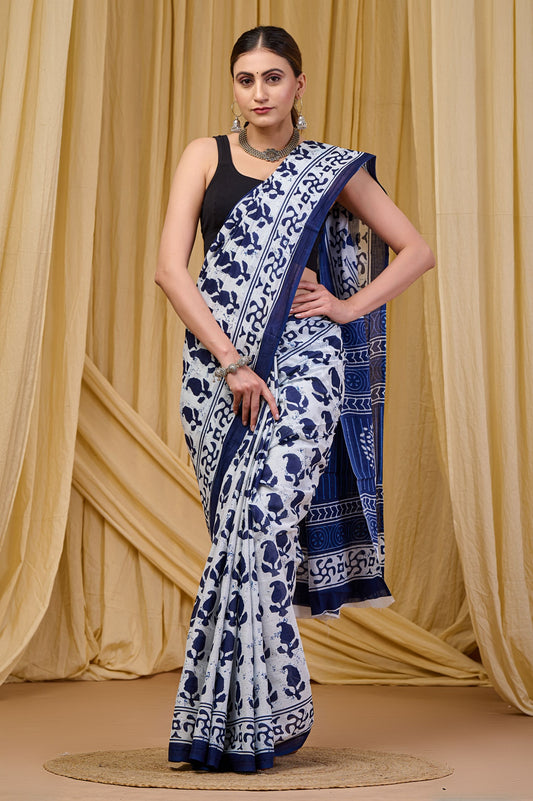 Blue Fern Mulmul Saree