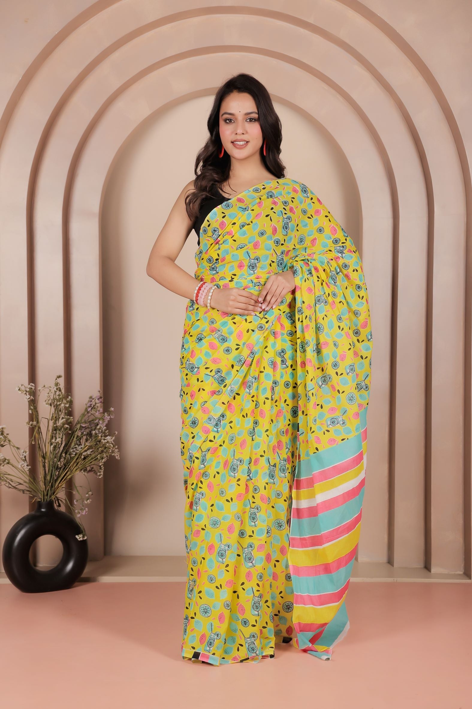 Canary Floral Mulmul Saree