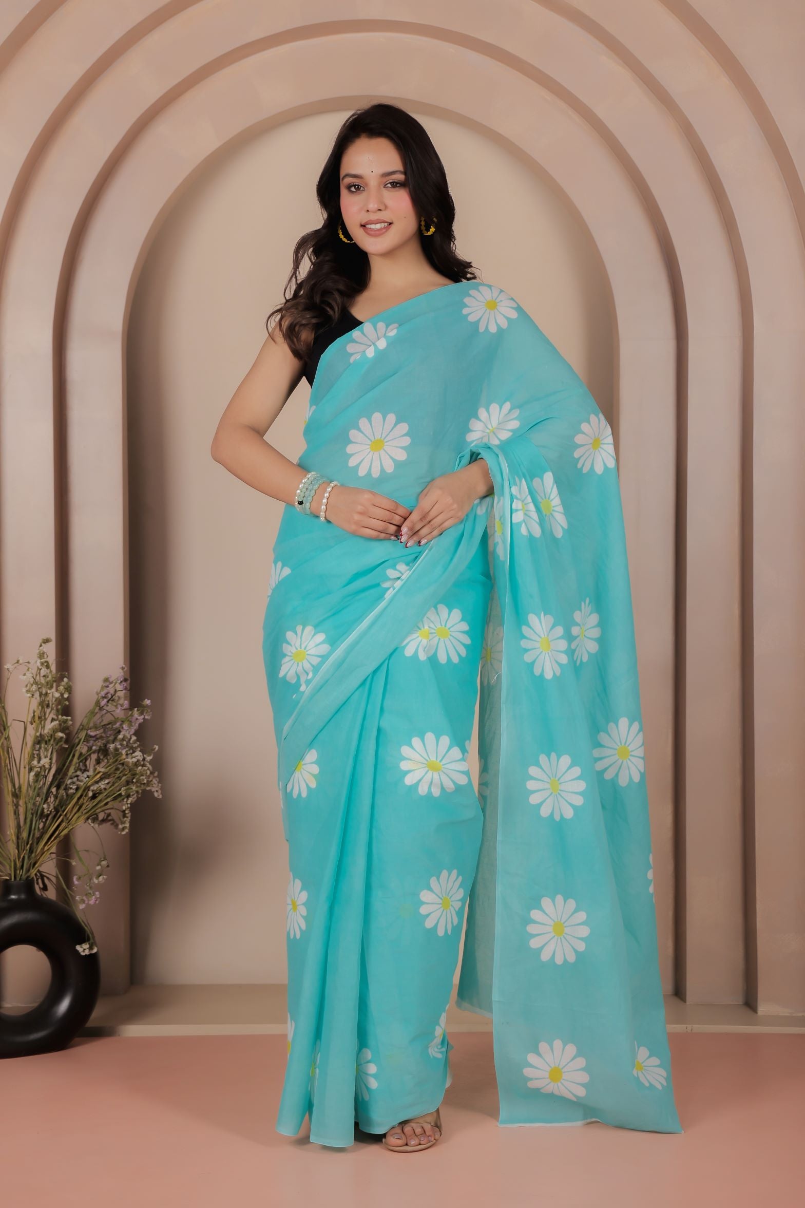 White Flower Mulmul Saree