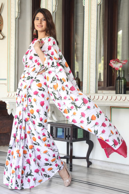 White Floral Print Pure MulMul Cotton Saree